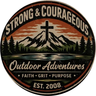 Strong & Courageous Outdoor Adventures badge: a cross on a mountain over a lake, Faith, Grit, Purpose, Est. 2008